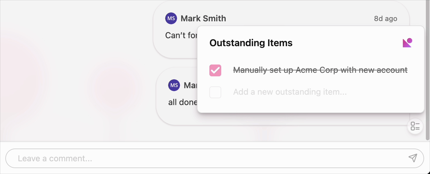 Animation showing outstanding items linking back to their source comments for full context