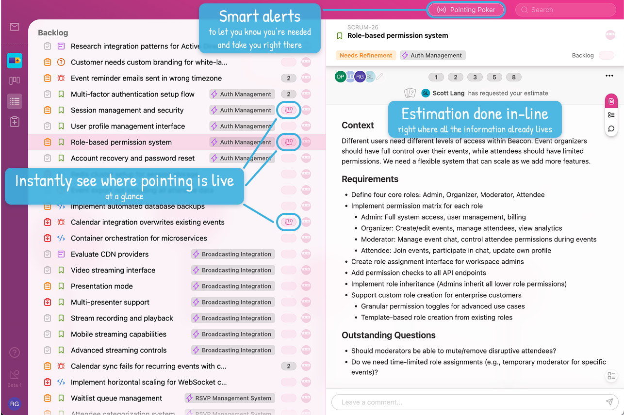 Pointing poker interface integrated directly into the workflow, showing task estimation without leaving the backlog.